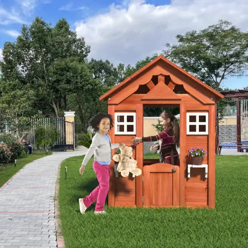 Wooden Playhouse with Windows and Flowerpot Holder